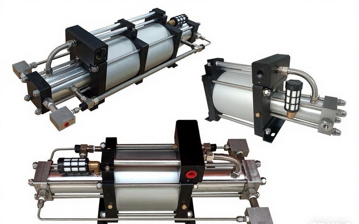 Air-driven gas booster pump heads showing drive and gas pistons