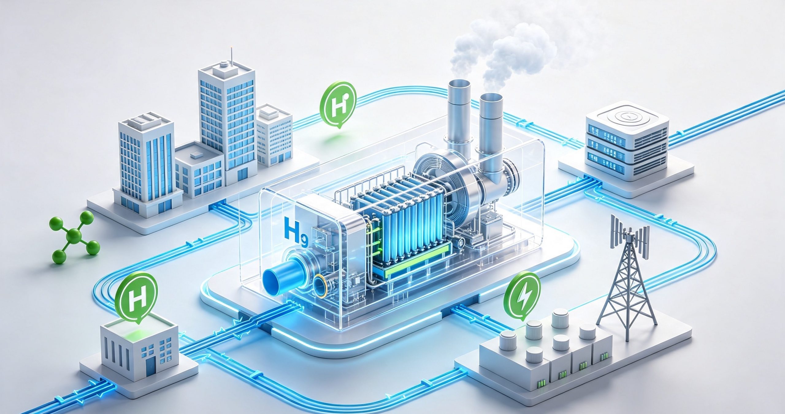 Hydrogen fuel cell system supplying power to buildings, a factory and a telecom tower